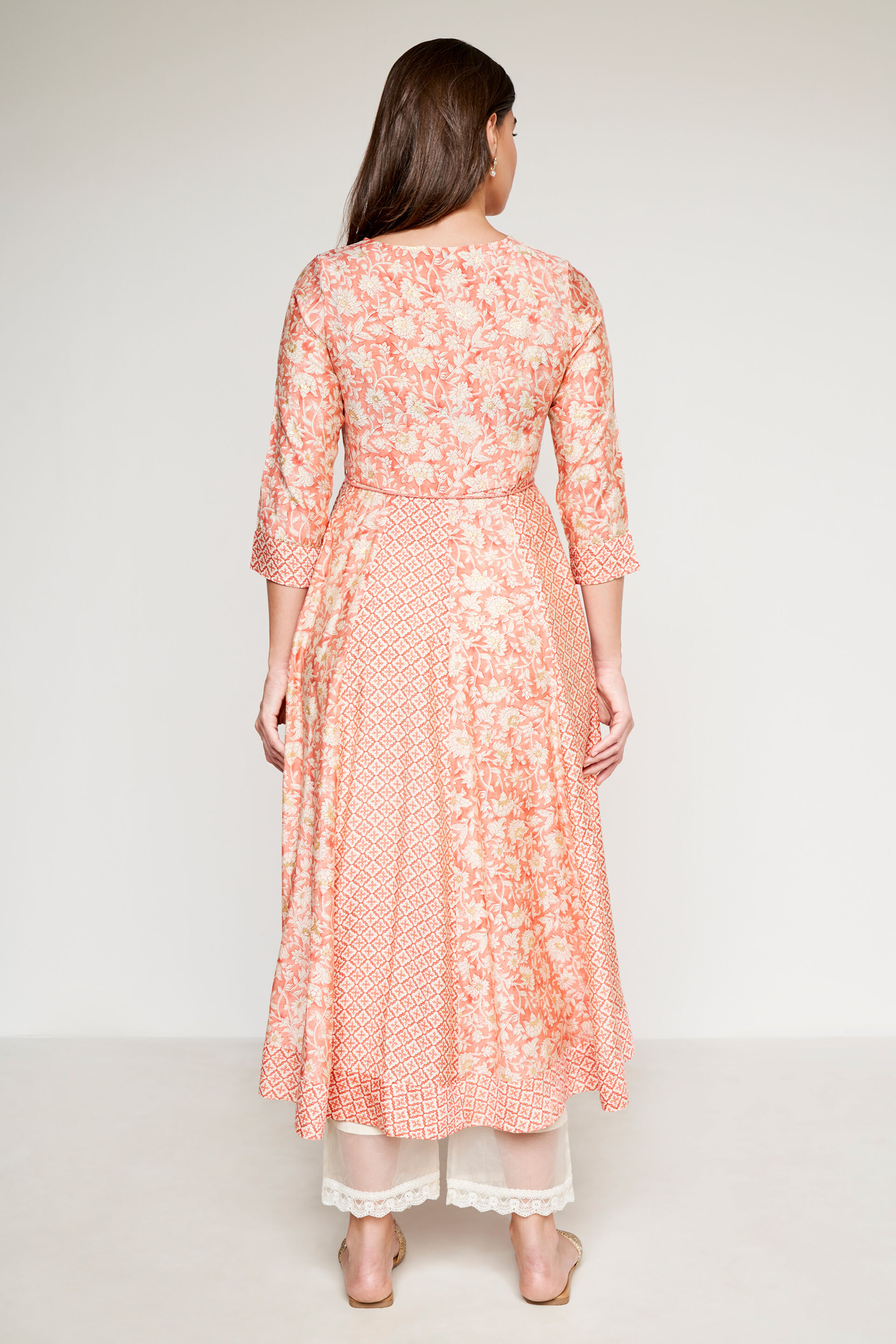 Peach Ethnic Motifs Flared Kurta, Peach, image 5